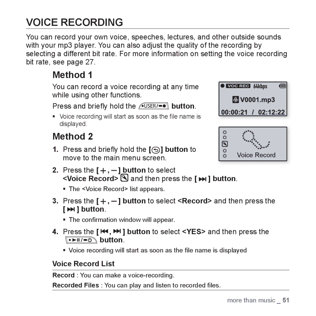 Samsung YP-U3JAB/XEF manual Voice Recording, Method, Press the , button to select YES and then press, Voice Record List 