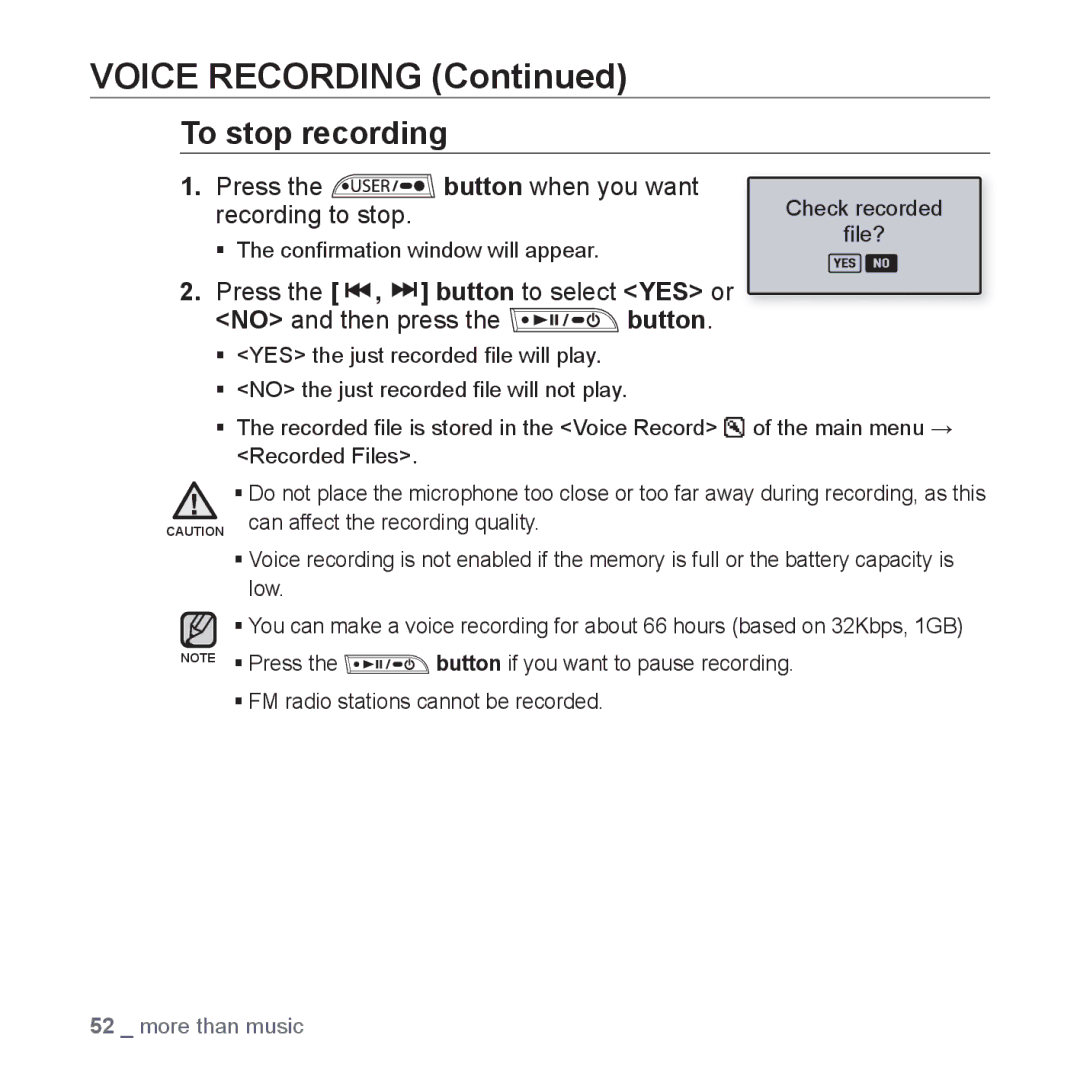 Samsung YP-U2RZB/XEF, YP-U3JZW/XEF, YP-U3JZB/XEF manual To stop recording, Press the button when you want recording to stop 