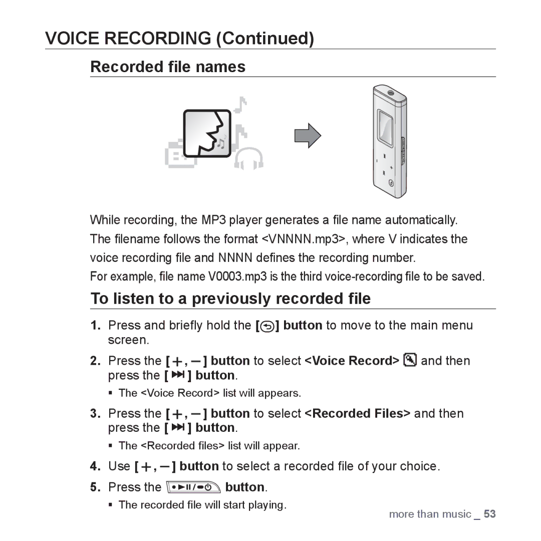 Samsung YP-U2RZB/ELS, YP-U3JZW/XEF, YP-U3JZB/XEF, YP-U3JZP/XEF Recorded ﬁle names, To listen to a previously recorded ﬁle 