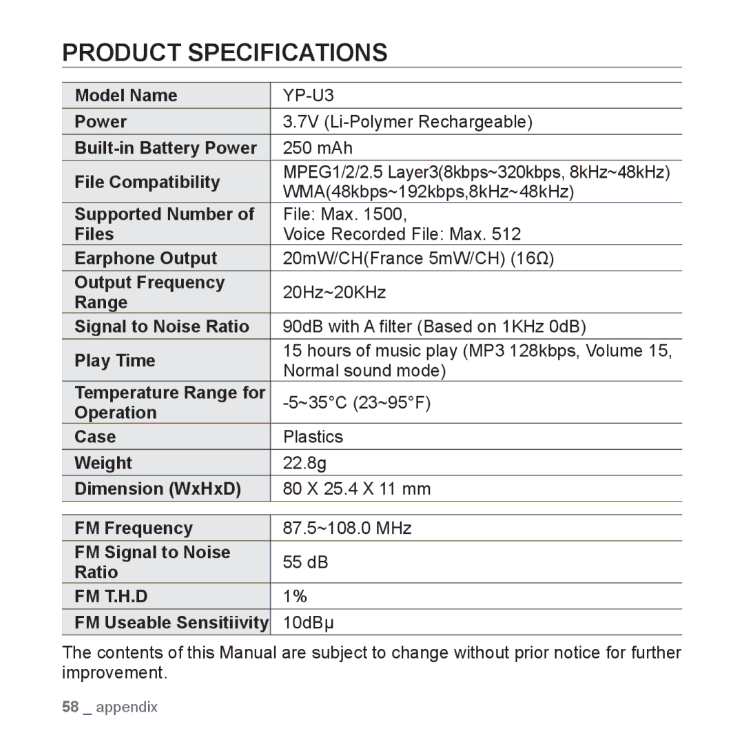 Samsung YP-U3JQL/XET, YP-U3JZW/XEF, YP-U3JZB/XEF, YP-U3JZP/XEF, YP-U3JAB/XEF, YP-U2RZB/XEF, YP-U2RZB/ELS Product Specifications 