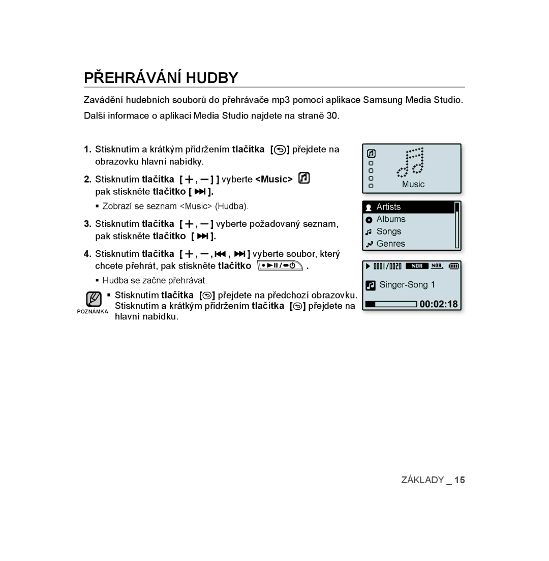 Samsung YP-U3JQP/XEO, YP-U3JZW/XEO, YP-U3JAW/XEO, YP-U3JZG/XEO, YP-U3JAB/XEO manual Přehrávání Hudby, Stisknutím tlačítka 