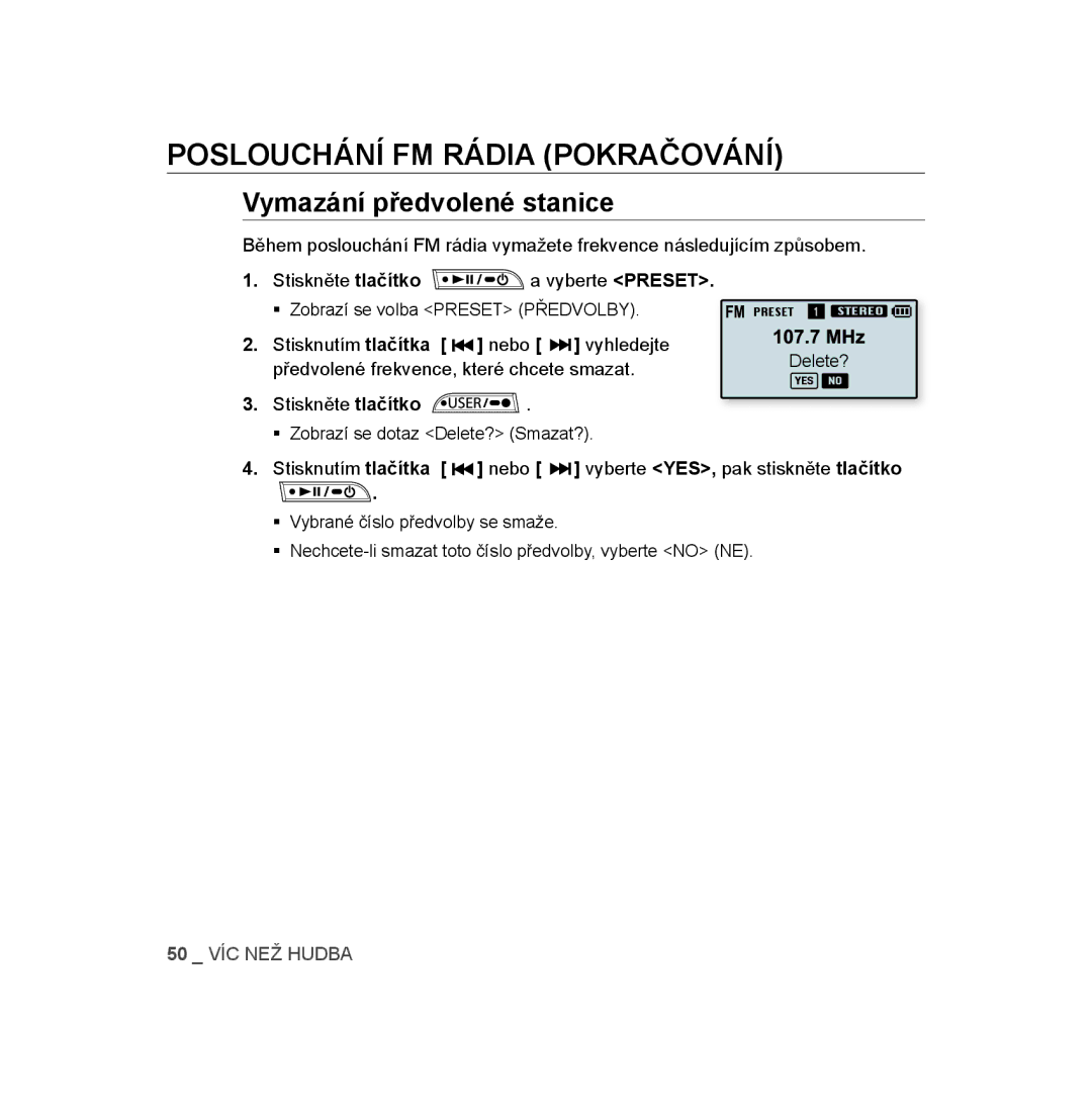 Samsung YP-U3JQB/XEO, YP-U3JZW/XEO, YP-U3JAW/XEO, YP-U3JZG/XEO, YP-U3JQP/XEO, YP-U3JAB/XEO manual Vymazání předvolené stanice 