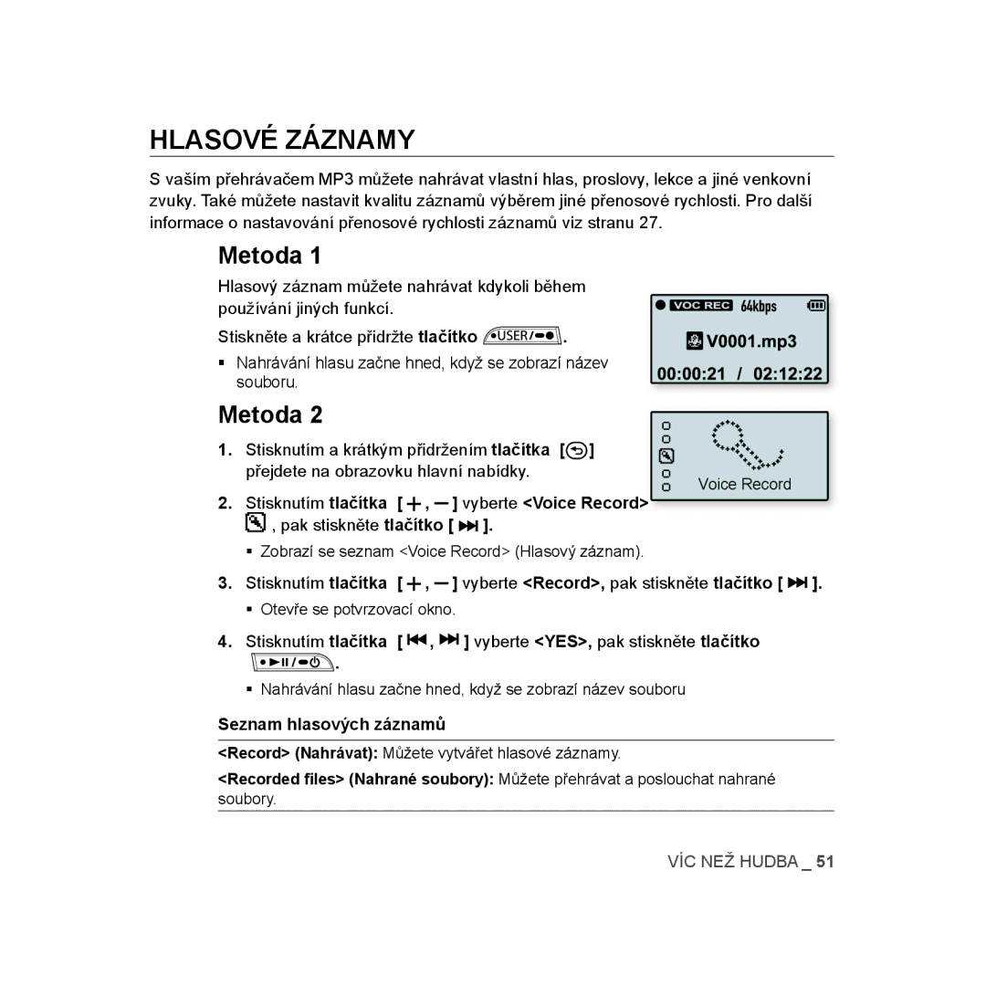 Samsung YP-U2RZW/ELS, YP-U3JZW/XEO, YP-U3JAW/XEO, YP-U3JZG/XEO Hlasové Záznamy, Metoda, Souboru, Seznam hlasových záznamů 