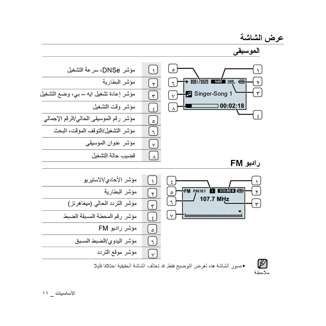 Samsung YP-U3QL/MEA, YP-U3QB/HAC, YP-U3QG/HAC manual ةشاشلا ضرع, ىقيسوملا, Fm ويدار, ليغشتلا ةعرس ،DNSe رشؤم ةيراطبلا رشؤم 