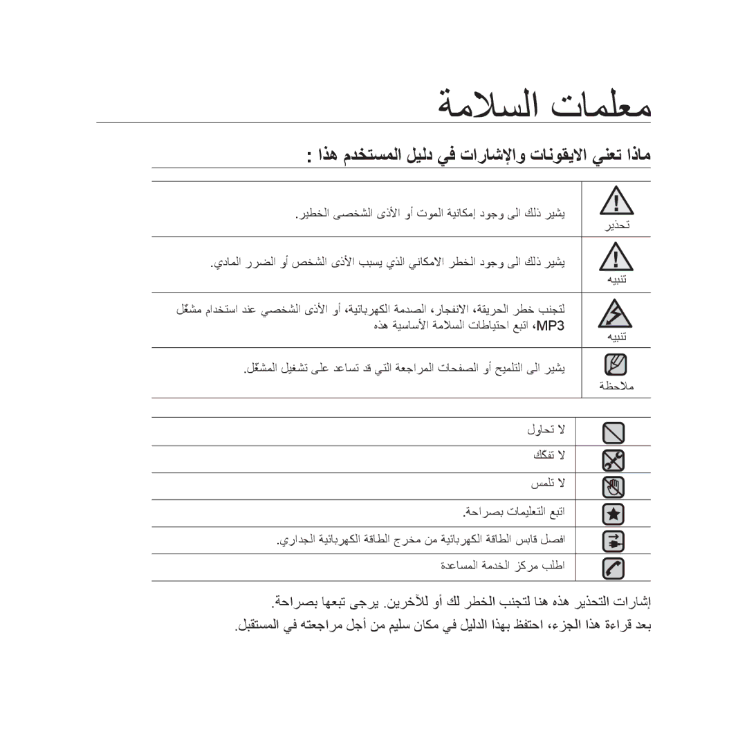 Samsung YP-U3ZB/AAW, YP-U3QB/HAC, YP-U3QG/HAC manual ةملاسلا تاملعم, اذه مدختسملا ليلد يف تاراشلإاو تانوقيلاا ينعت اذام 