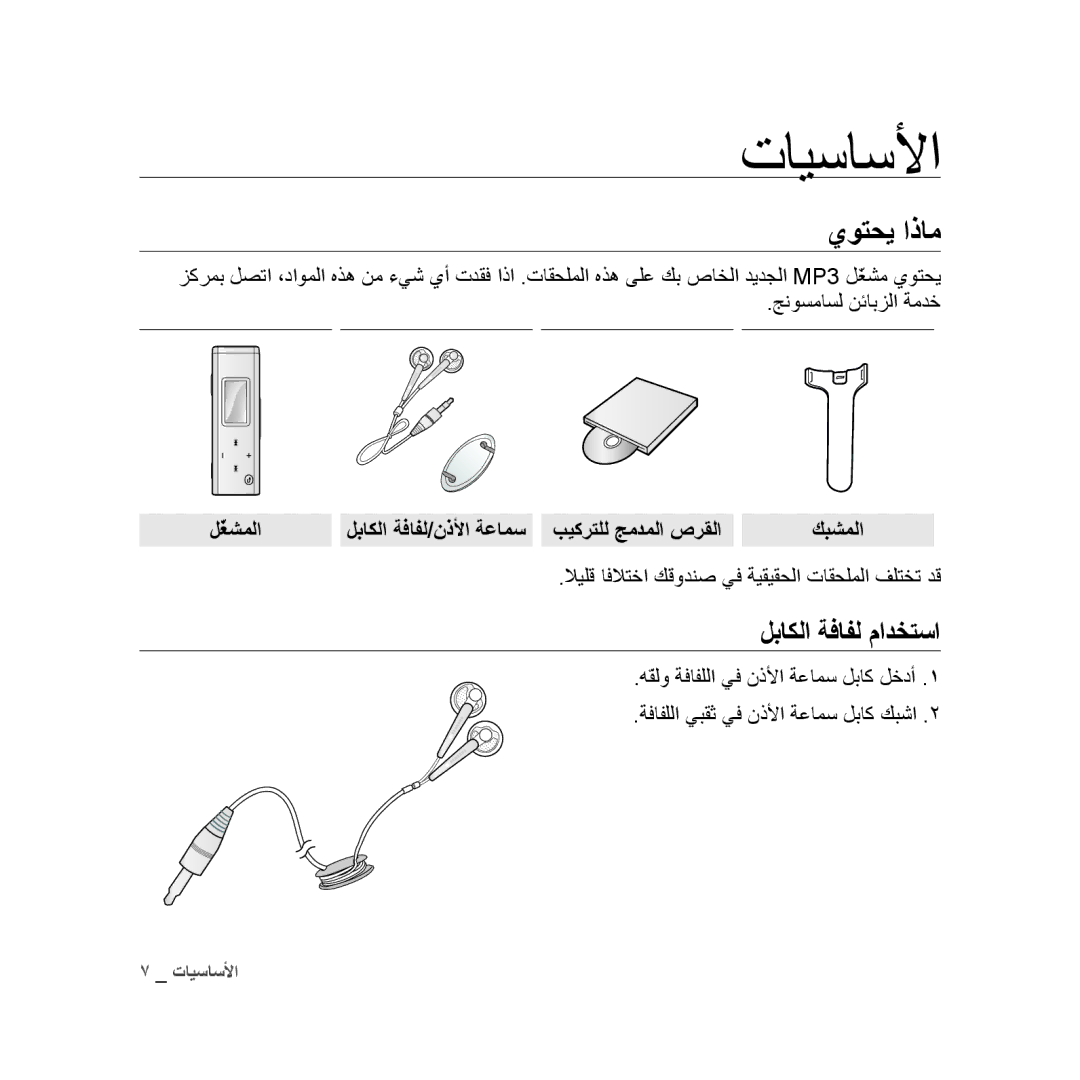 Samsung YP-U3ZG/AAW تايساسلأا, يوتحي اذام, لباكلا ةفافل مادختسا, لّغشملا لباكلا ةفافل/نذلأا ةعامس بيكرتلل جمدملا صرقلا 