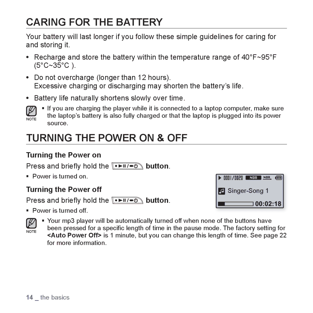 Samsung YP-U3ZP/MEA, YP-U3QB/HAC manual Caring for the Battery, Turning the Power on & OFF, Press and brieﬂy hold the button 