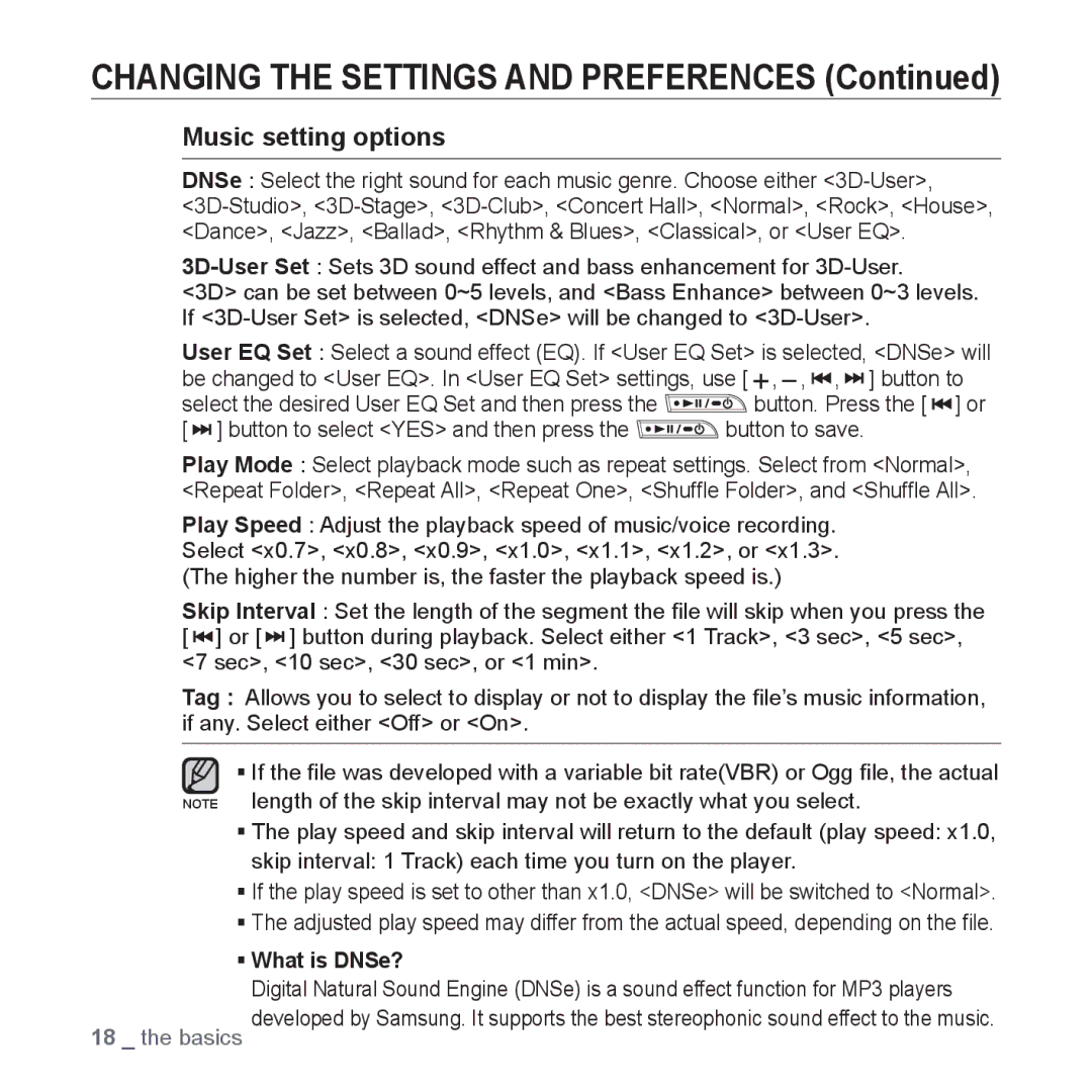 Samsung YP-U3QW/MEA, YP-U3QB/HAC, YP-U3QG/HAC, YP-U3QB/MEA manual Changing the Settings and Preferences, Music setting options 