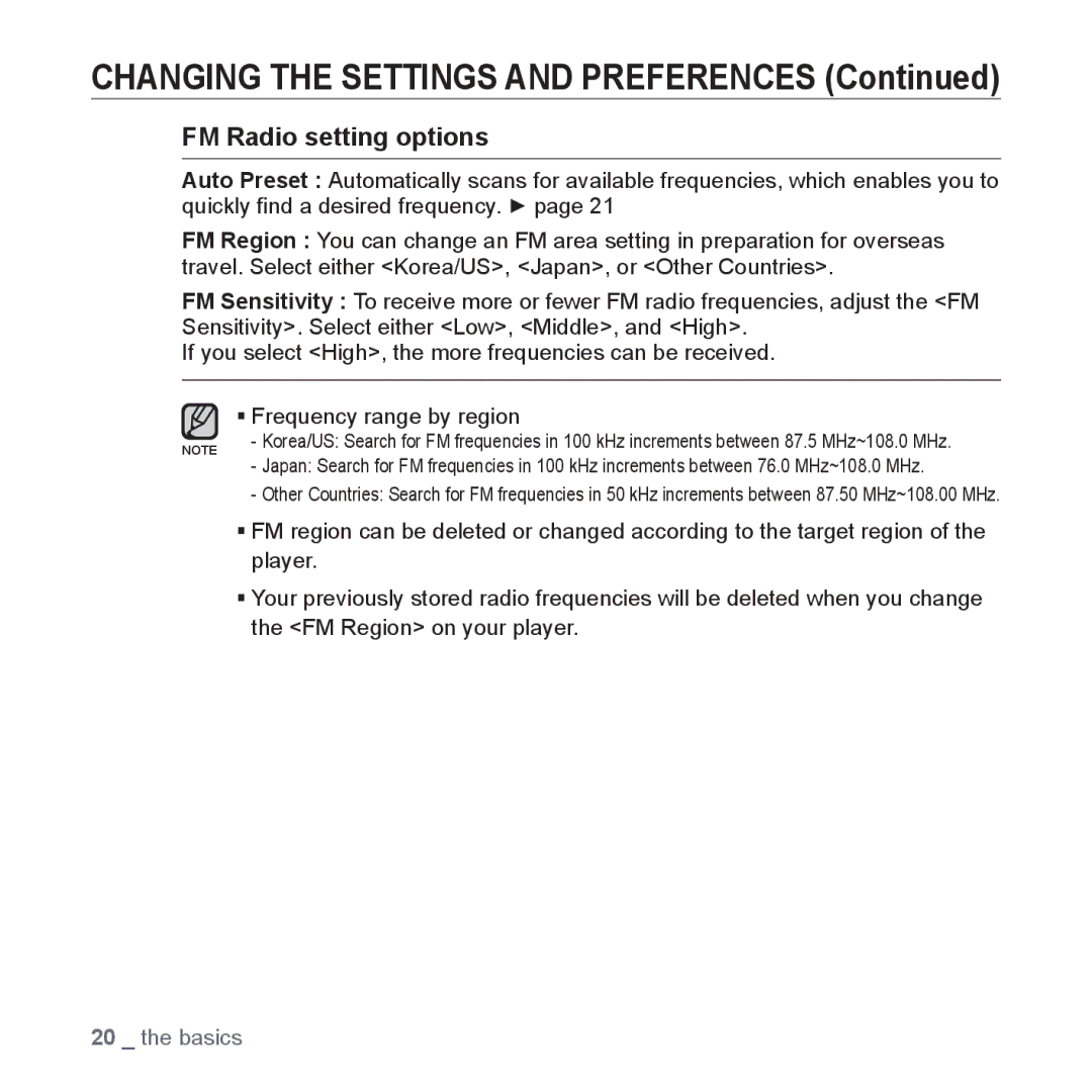 Samsung YP-U3ZL/HAC, YP-U3QB/HAC, YP-U3QG/HAC, YP-U3QB/MEA, YP-U3ZB/AAW, YP-U3ZB/HAC, YP-U3ZW/HAC manual FM Radio setting options 