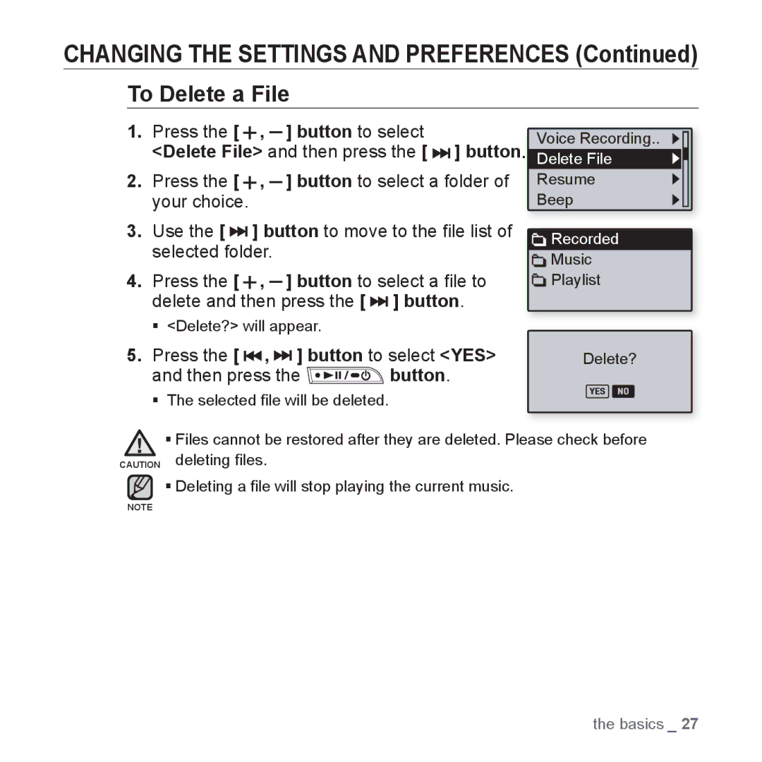 Samsung YP-U3QP/AAW, YP-U3QB/HAC, YP-U3QG/HAC, YP-U3QB/MEA, YP-U3ZB/AAW, YP-U3ZB/HAC manual To Delete a File, Then press Button 