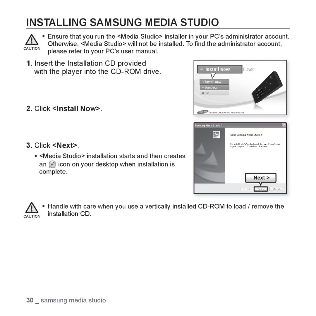 Samsung YP-U3AB/HAC, YP-U3QB/HAC, YP-U3QG/HAC, YP-U3QB/MEA Installing Samsung Media Studio, Click Install Now, Click Next 