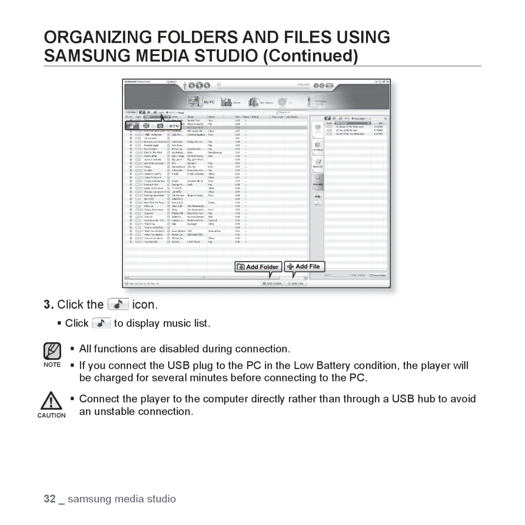 Samsung YP-U3QW/XSV, YP-U3QB/HAC, YP-U3QG/HAC manual Organizing Folders and Files Using Samsung Media Studio, Click the icon 