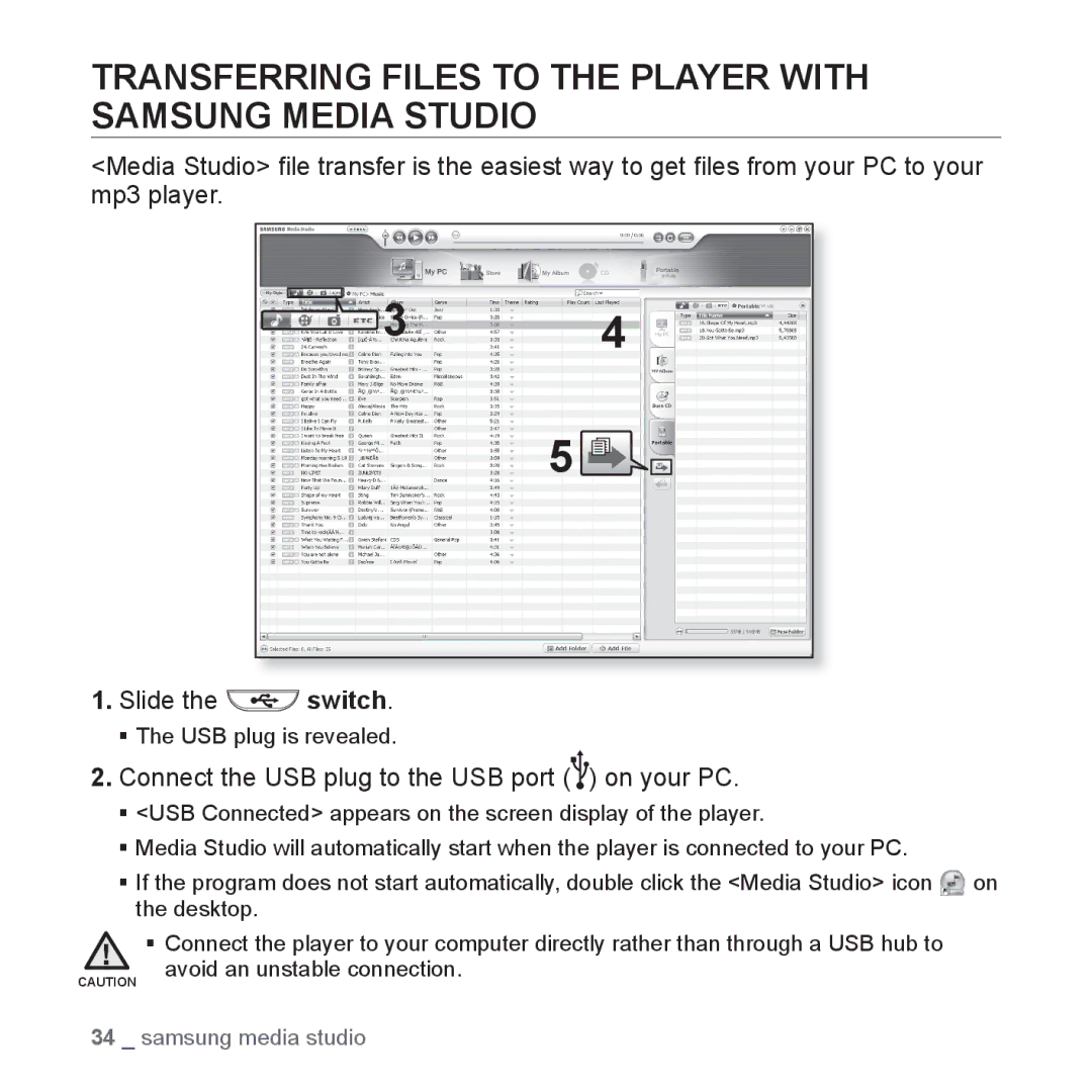 Samsung YP-U3ZG/XSV, YP-U3QB/HAC, YP-U3QG/HAC, YP-U3QB/MEA manual Transferring Files to the Player with Samsung Media Studio 