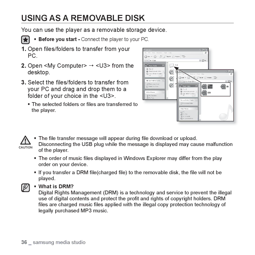 Samsung YP-U3ZP/XSV, YP-U3QB/HAC manual Using AS a Removable Disk, You can use the player as a removable storage device 