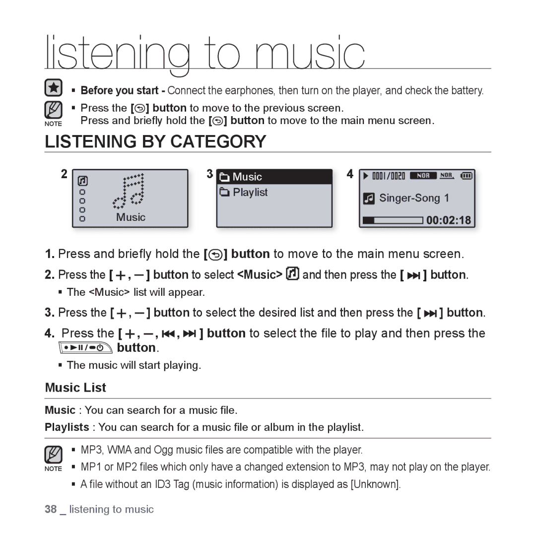 Samsung YP-U3ZG/SUN, YP-U3QB/HAC, YP-U3QG/HAC, YP-U3QB/MEA, YP-U3ZB/AAW Listening to music, Listening by Category, Music List 