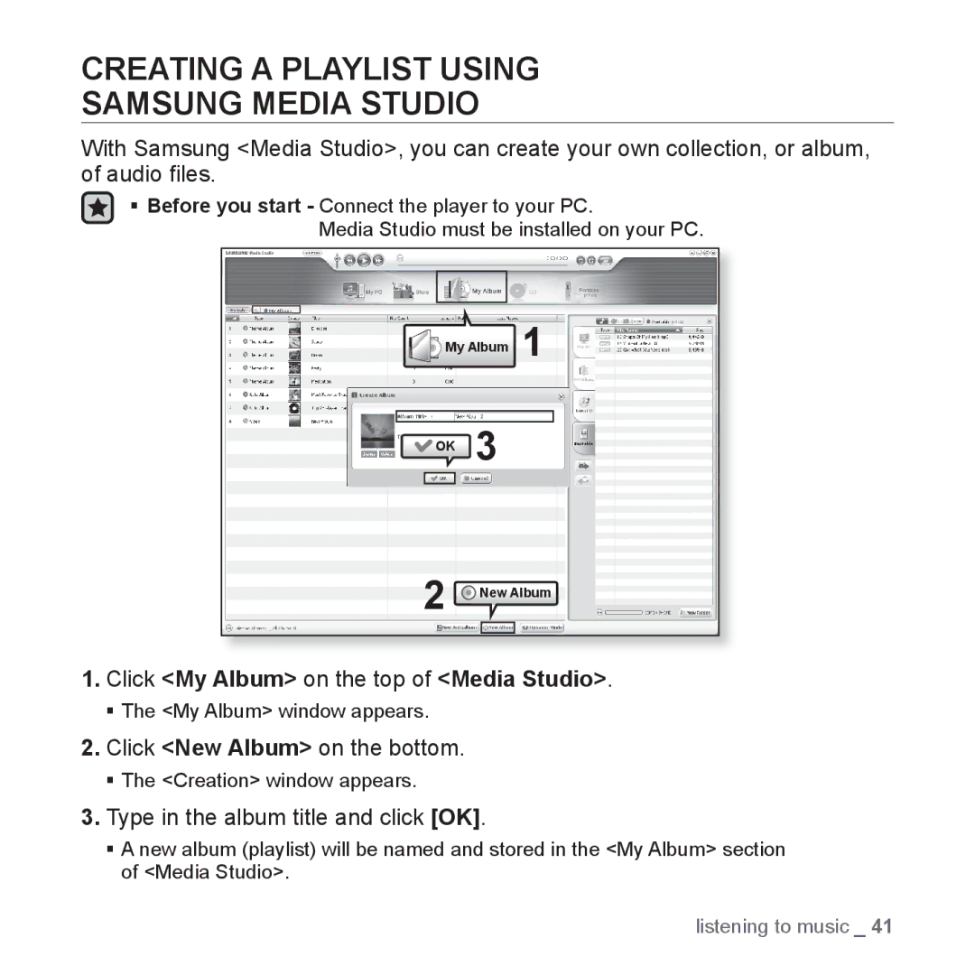 Samsung YP-U3ZL/SUN, YP-U3QB/HAC Creating a Playlist Using Samsung Media Studio, Click My Album on the top of Media Studio 