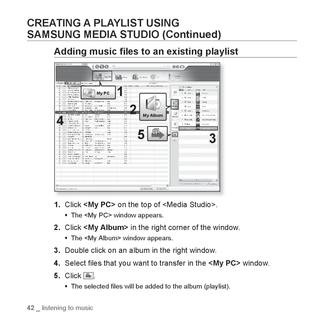 Samsung YP-U3QL/SUN, YP-U3QB/HAC manual Adding music ﬁles to an existing playlist, Click My PC on the top of Media Studio 