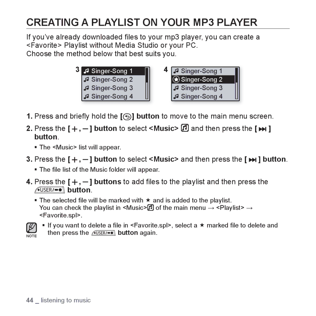 Samsung YP-U3ZB/SUN Creating a Playlist on Your MP3 Player, Press the , button to select Music and then press the button 