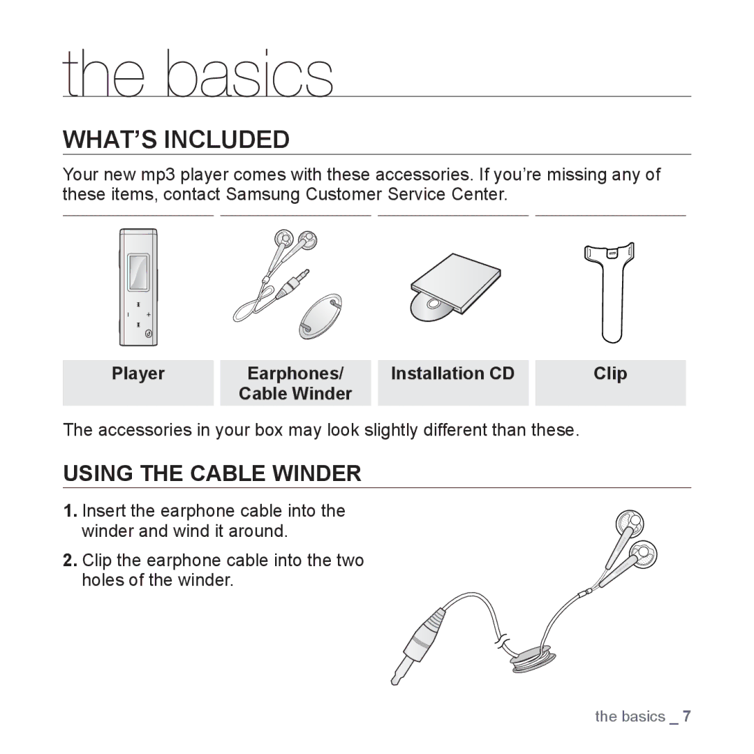 Samsung YP-U3ZG/AAW, YP-U3QB/HAC, YP-U3QG/HAC, YP-U3QB/MEA, YP-U3ZB/AAW manual Basics, WHAT’S Included, Player, Installation CD 