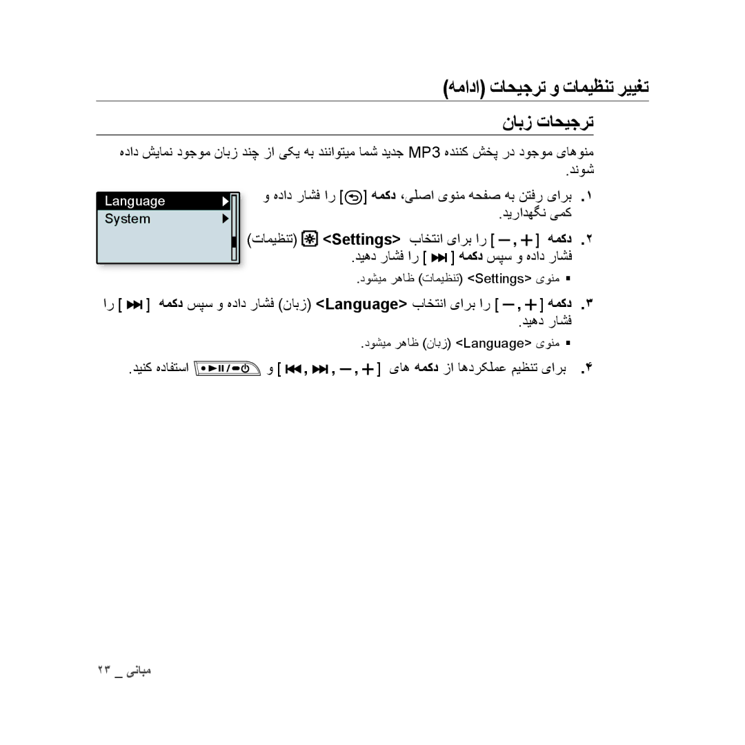 Samsung YP-U3QG/MEA, YP-U3QB/HAC, YP-U3QG/HAC, YP-U3QB/MEA manual نابز تاحیجرت, هداد راشف ار همکد ،یلصا یونم هحفص هب نتفر یارب 