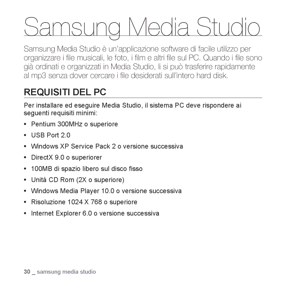 Samsung YP-U3JQW/XET, YP-U3ZB/XET, YP-U3JQL/XET, YP-U3JAW/XET, YP-U3JZP/XET manual Samsung Media Studio, Requisiti DEL PC 