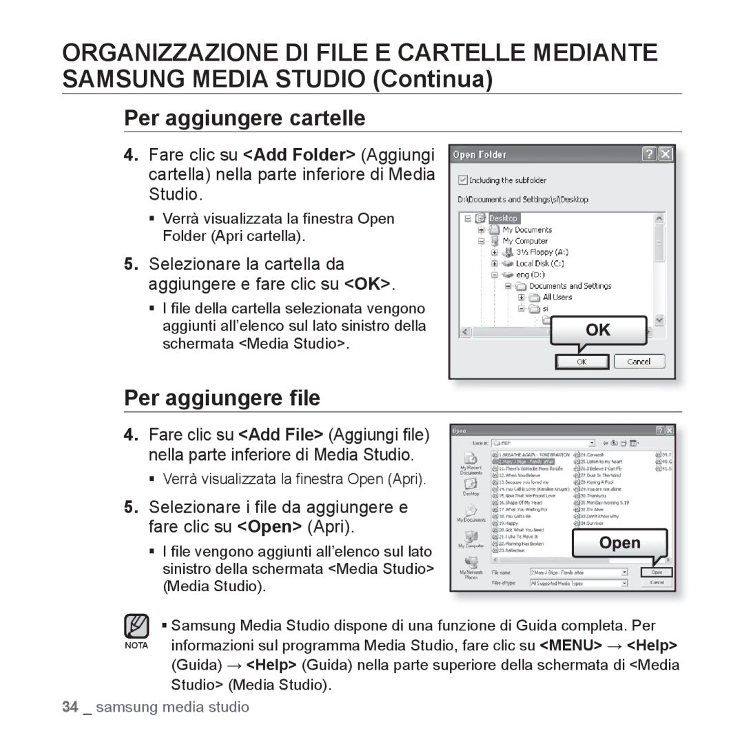 Samsung YP-U3JZW/XET Per aggiungere cartelle, Per aggiungere ﬁle, Selezionare la cartella da aggiungere e fare clic su OK 