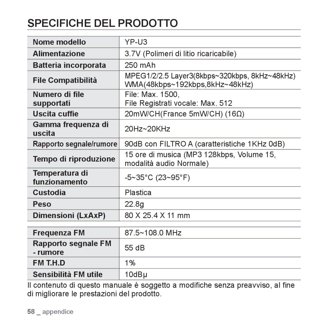 Samsung YP-U3JQW/XET, YP-U3ZB/XET, YP-U3JQL/XET, YP-U3JAW/XET, YP-U3JZP/XET, YP-U3JZL/XET, YP-U3JAB/XET Specifiche DEL Prodotto 