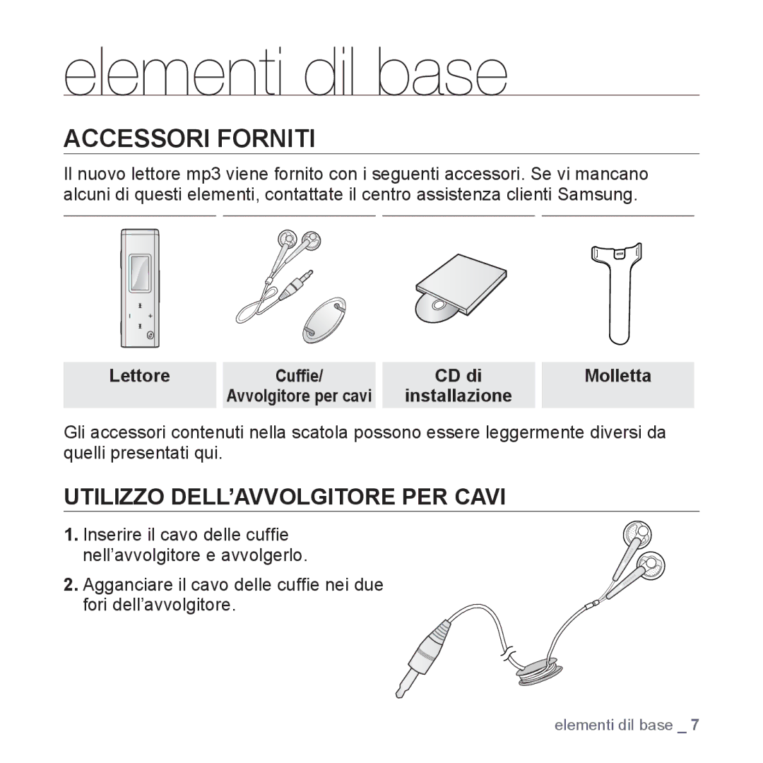 Samsung YP-U3JZB/XET, YP-U3ZB/XET, YP-U3JQL/XET, YP-U3JAW/XET, YP-U3JZP/XET, YP-U3JQW/XET manual Accessori Forniti, Lettore 