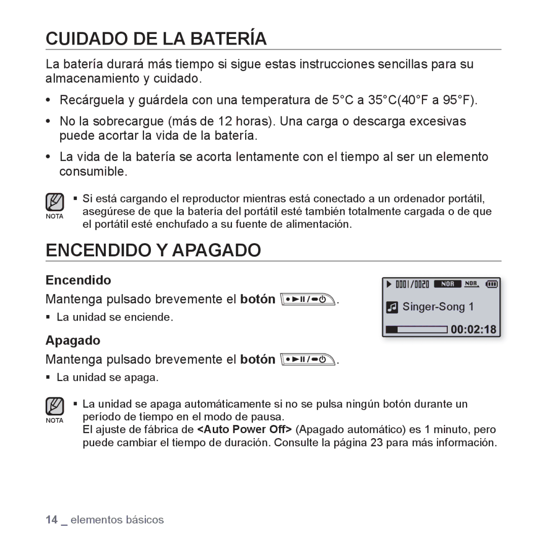 Samsung YP-U3JQP/XEO, YP-U3ZB/XET manual Cuidado DE LA Batería, Encendido Y Apagado, Mantenga pulsado brevemente el botón 