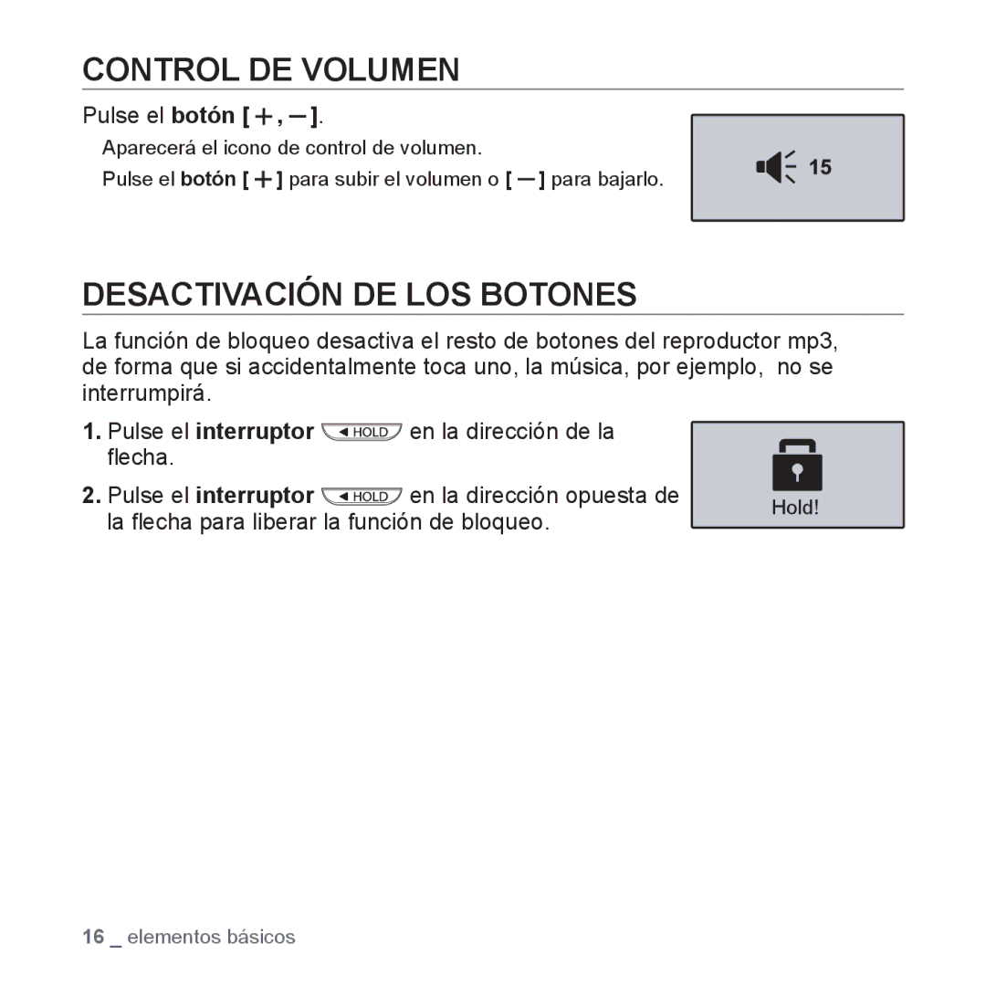 Samsung YP-U3JZB/XEO, YP-U3ZB/XET, YP-U3JQL/XET manual Control DE Volumen, Desactivación DE LOS Botones, Pulse el botón 