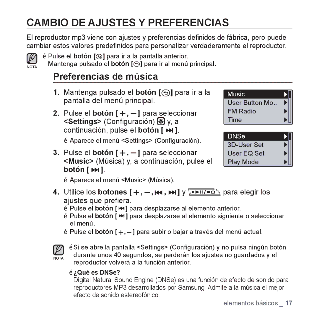 Samsung YP-U3JZL/XEO, YP-U3ZB/XET, YP-U3JQL/XET, YP-U3JZP/XET manual Cambio DE Ajustes Y Preferencias, Preferencias de música 