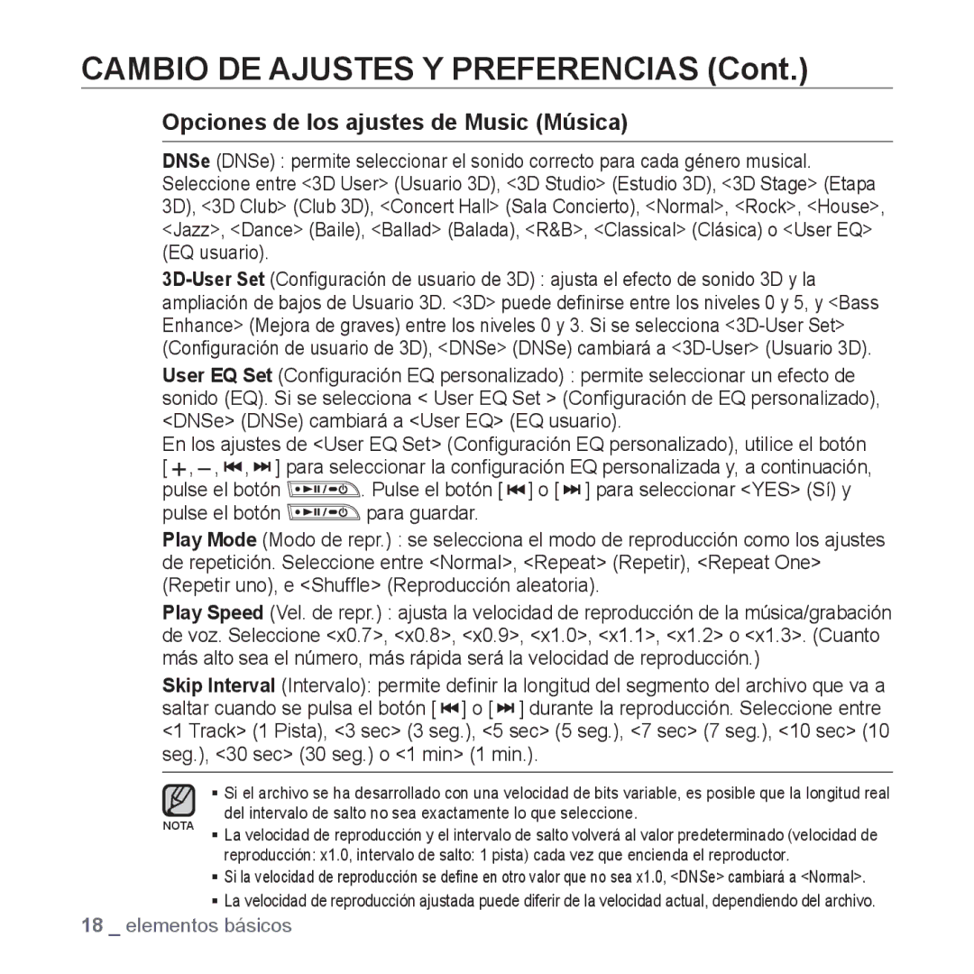 Samsung YP-U3JQG/XEO, YP-U3ZB/XET, YP-U3JQL/XET Cambio DE Ajustes Y Preferencias, Opciones de los ajustes de Music Música 