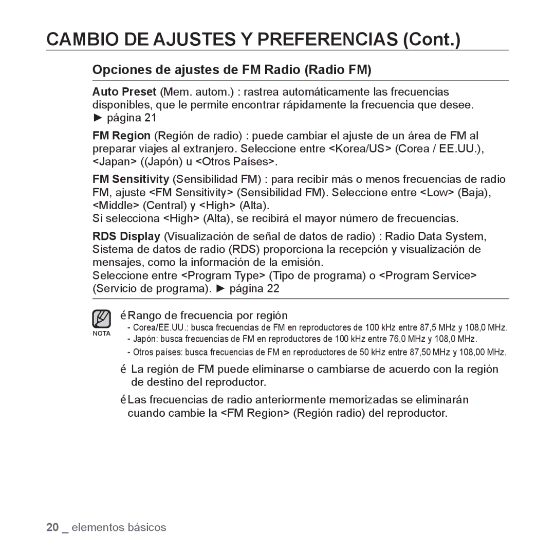 Samsung YP-U3JZP/XEO, YP-U3ZB/XET, YP-U3JQL/XET, YP-U3JZP/XET, YP-U3JQW/XET manual Opciones de ajustes de FM Radio Radio FM 