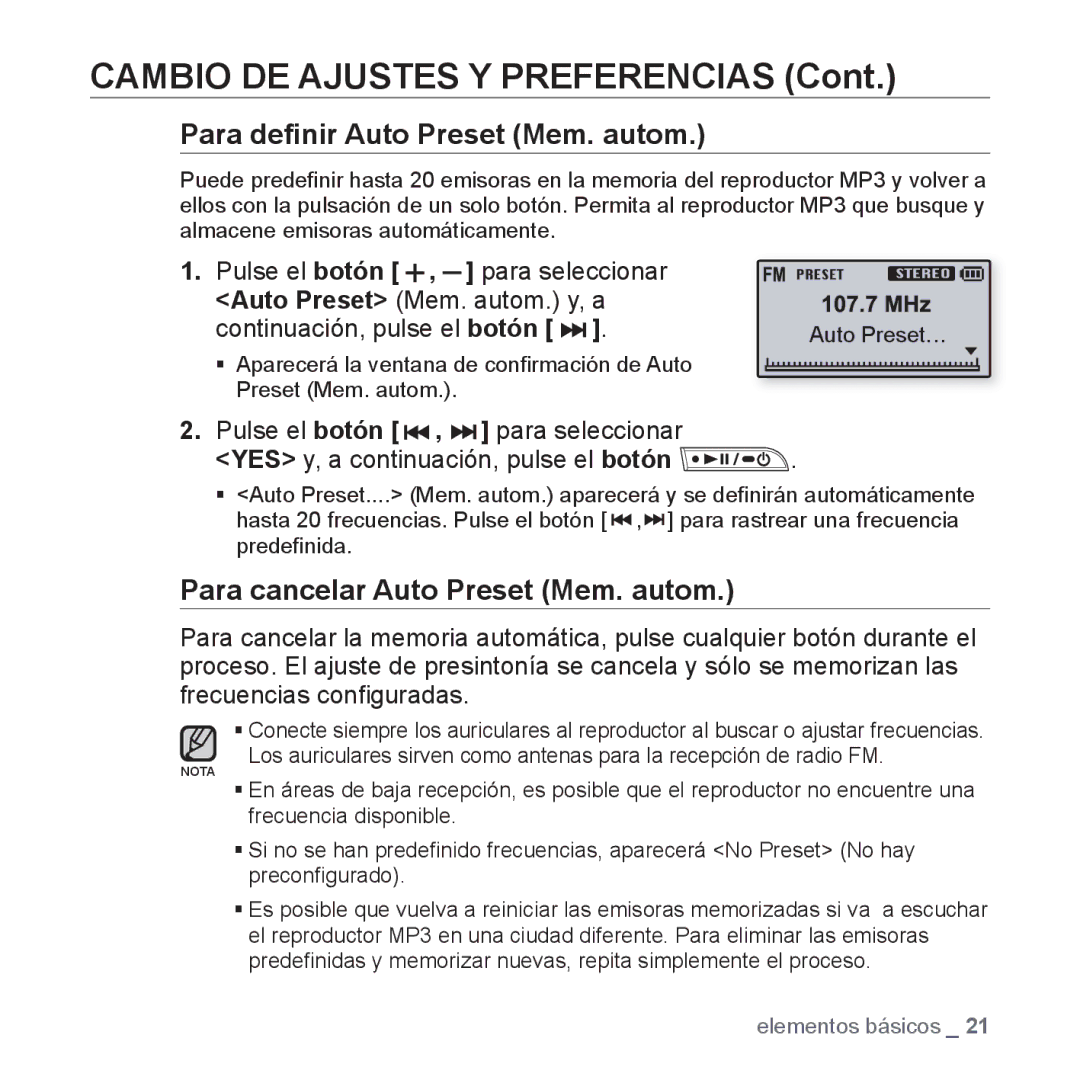 Samsung YP-U3JQW/XEO, YP-U3ZB/XET, YP-U3JQL/XET, YP-U3JZP/XET, YP-U3JQW/XET, YP-U3JZL/XET Para deﬁnir Auto Preset Mem. autom 