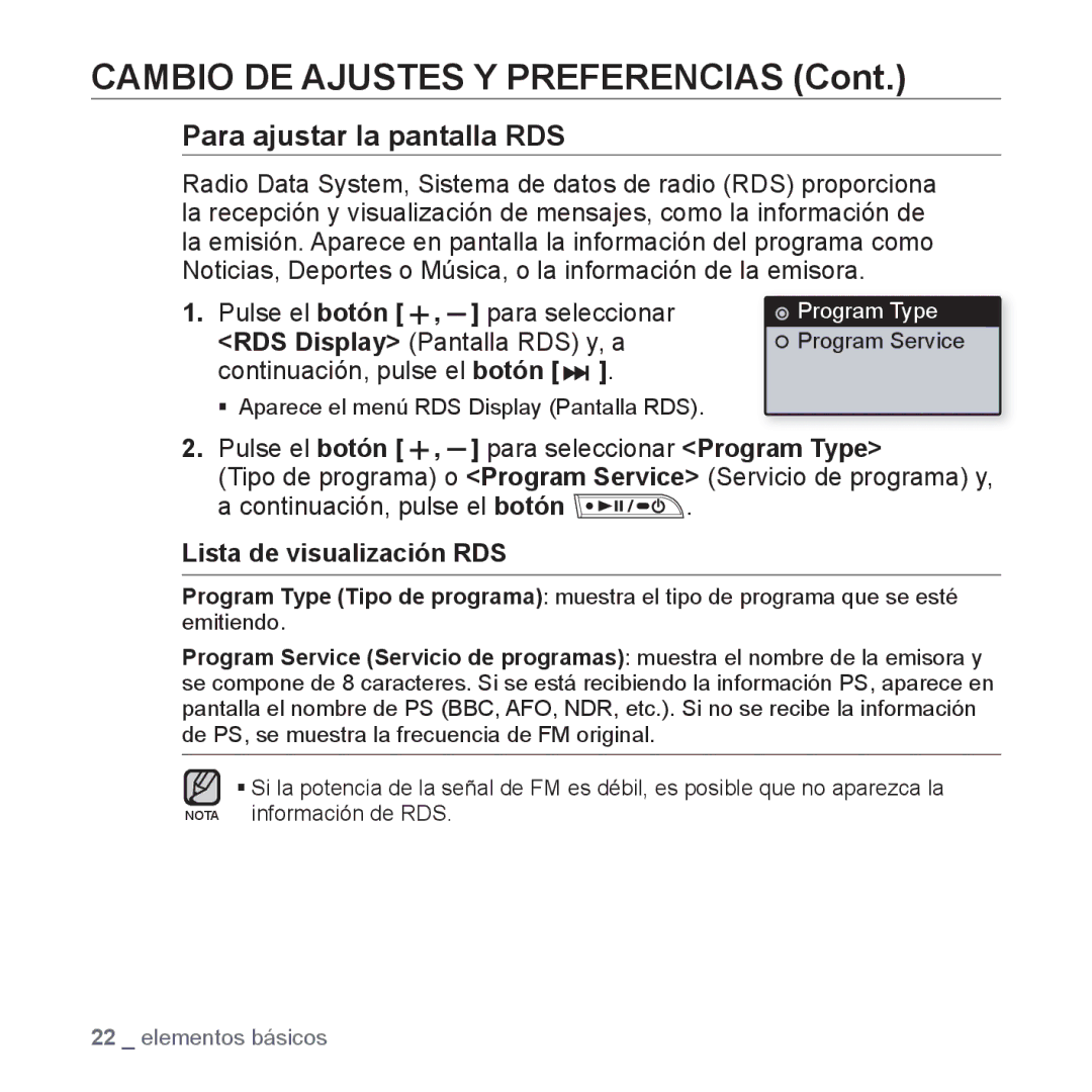 Samsung YP-U3JQB/XEO manual Pulse el botón Para seleccionar, RDS Display Pantalla RDS y, a, Lista de visualización RDS 