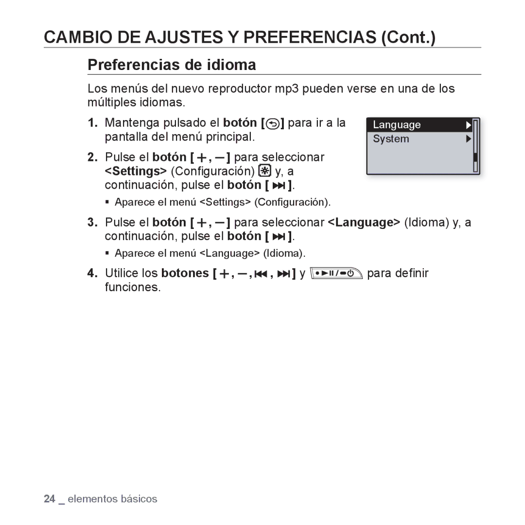 Samsung YP-U3JQL/XET, YP-U3ZB/XET, YP-U3JZP/XET Preferencias de idioma, Utilice los botones , , , y para deﬁnir funciones 