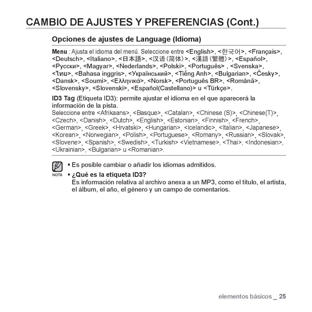 Samsung YP-U3JZP/XET, YP-U3ZB/XET, YP-U3JQL/XET Opciones de ajustes de Language Idioma, Nota ƒ ¿Qué es la etiqueta ID3? 