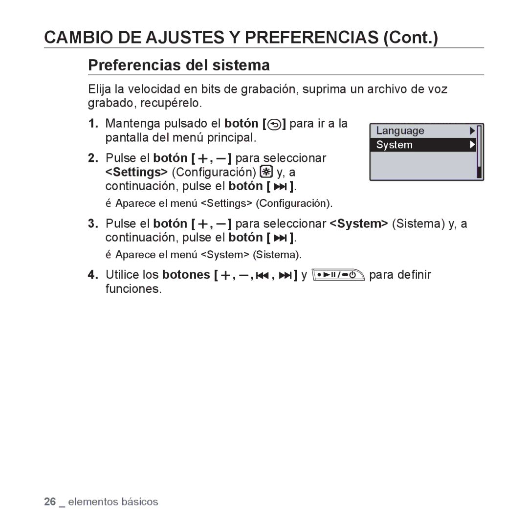 Samsung YP-U3JQW/XET, YP-U3ZB/XET, YP-U3JQL/XET, YP-U3JZP/XET, YP-U3JZL/XET, YP-U3JAB/XET manual Preferencias del sistema 