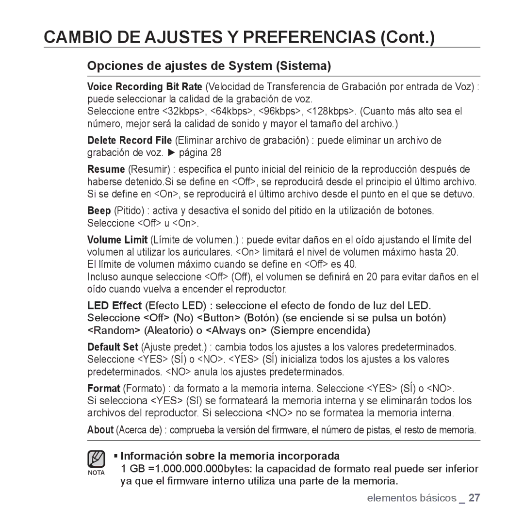 Samsung YP-U3JZL/XET, YP-U3ZB/XET, YP-U3JQL/XET, YP-U3JZP/XET, YP-U3JQW/XET manual Opciones de ajustes de System Sistema 