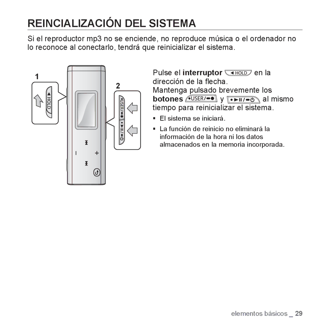 Samsung YP-U2RZB/XET, YP-U3ZB/XET, YP-U3JQL/XET, YP-U3JZP/XET, YP-U3JQW/XET, YP-U3JZL/XET manual Reincialización DEL Sistema 