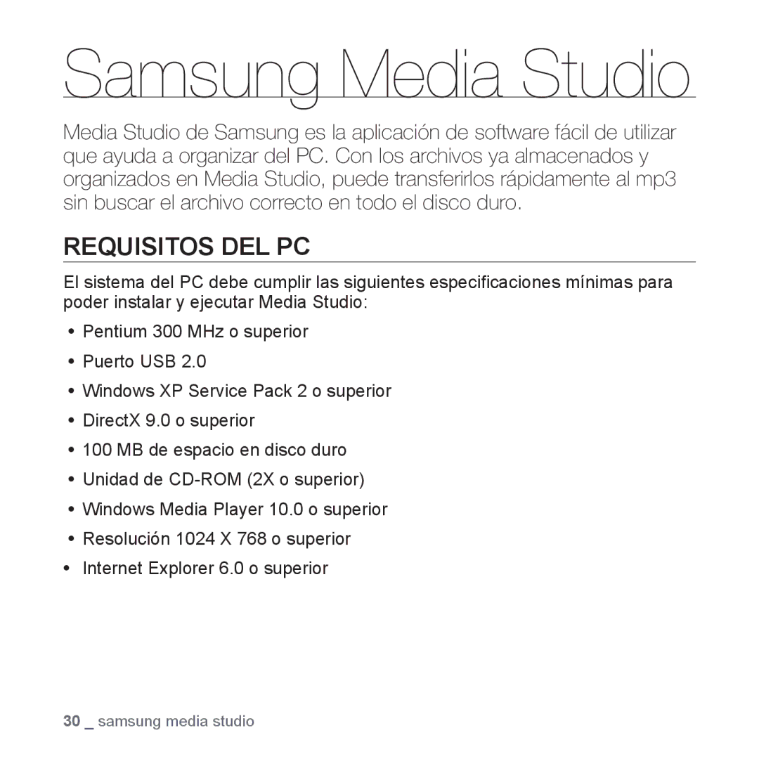 Samsung YP-U3JZW/XET, YP-U3ZB/XET, YP-U3JQL/XET, YP-U3JZP/XET, YP-U3JQW/XET manual Samsung Media Studio, Requisitos DEL PC 