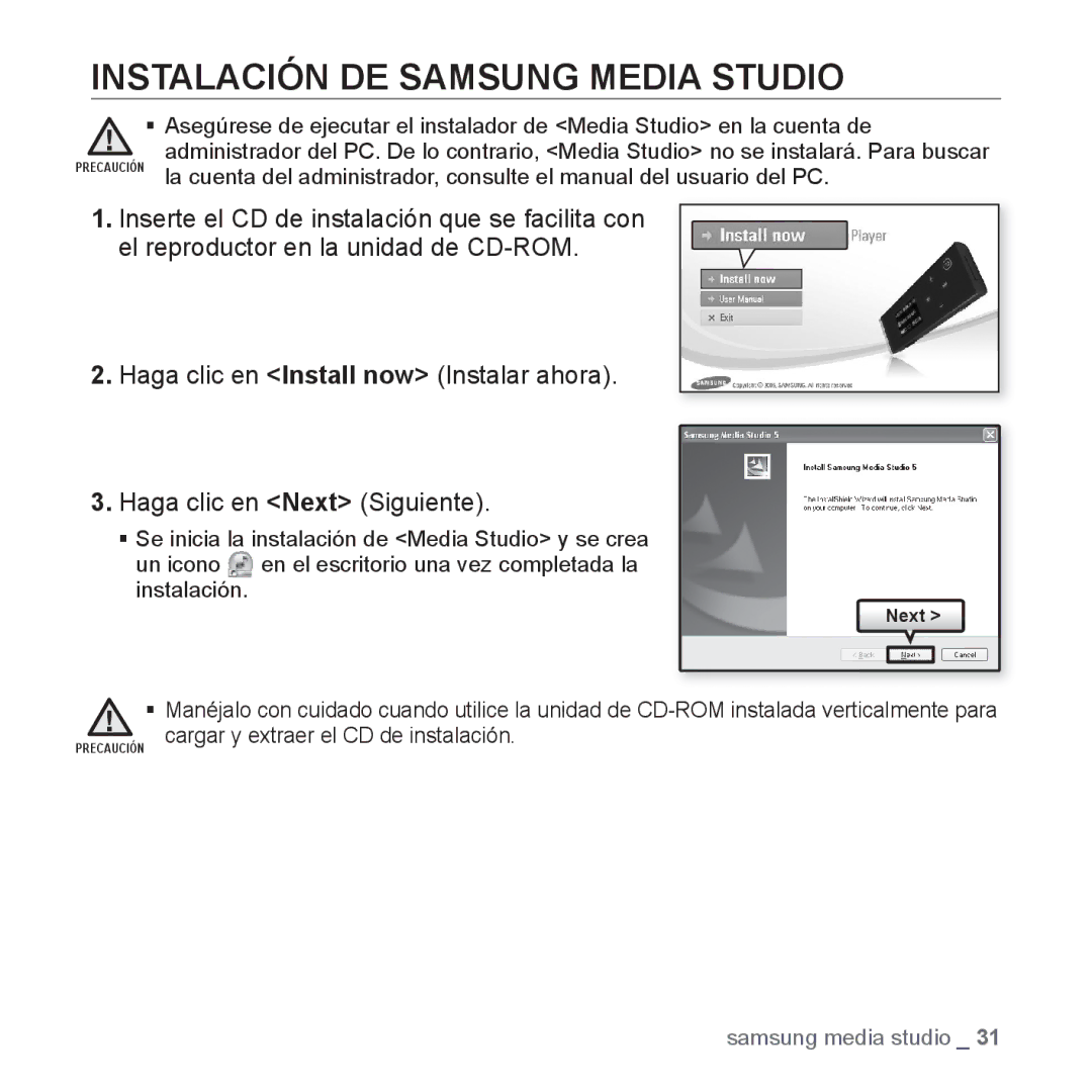 Samsung YP-U3JZB/XET, YP-U3ZB/XET, YP-U3JQL/XET, YP-U3JZP/XET, YP-U3JQW/XET, YP-U3JZL/XET Instalación DE Samsung Media Studio 