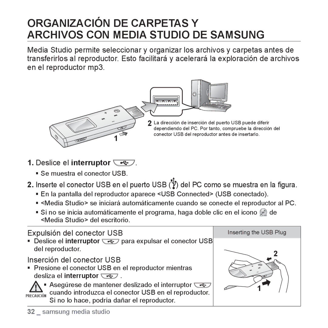 Samsung YP-U3JQB/XET, YP-U3ZB/XET, YP-U3JQL/XET, YP-U3JZP/XET manual Expulsión del conector USB, Inserción del conector USB 