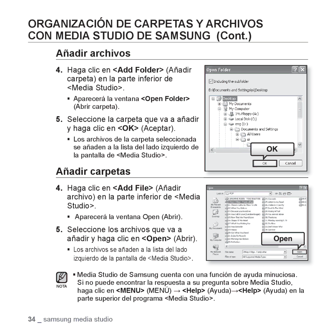 Samsung YP-U3JQG/XET, YP-U3ZB/XET, YP-U3JQL/XET, YP-U3JZP/XET, YP-U3JQW/XET, YP-U3JZL/XET Añadir archivos, Añadir carpetas 