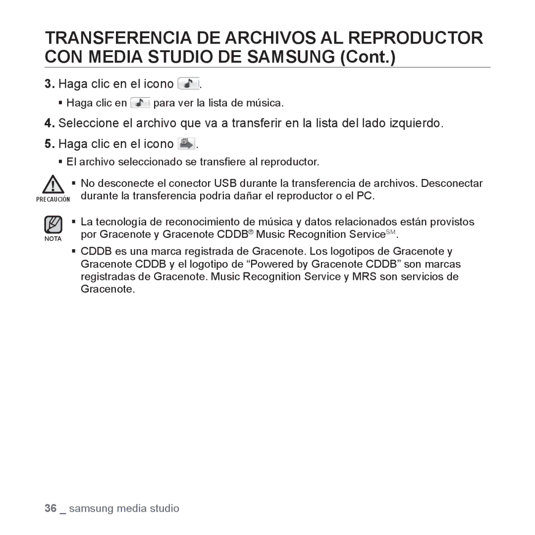 Samsung YP-U3JZW/XEO, YP-U3ZB/XET, YP-U3JQL/XET, YP-U3JZP/XET, YP-U3JQW/XET manual ƒ Haga clic en para ver la lista de música 