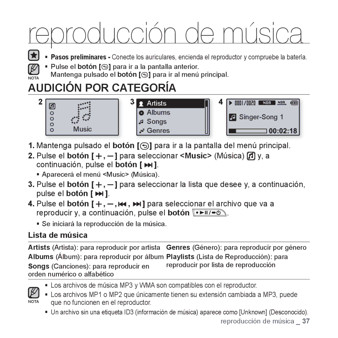 Samsung YP-U3JAW/XEO, YP-U3ZB/XET, YP-U3JQL/XET, YP-U3JZP/XET, YP-U3JQW/XET manual Audición POR Categoría, Lista de música 