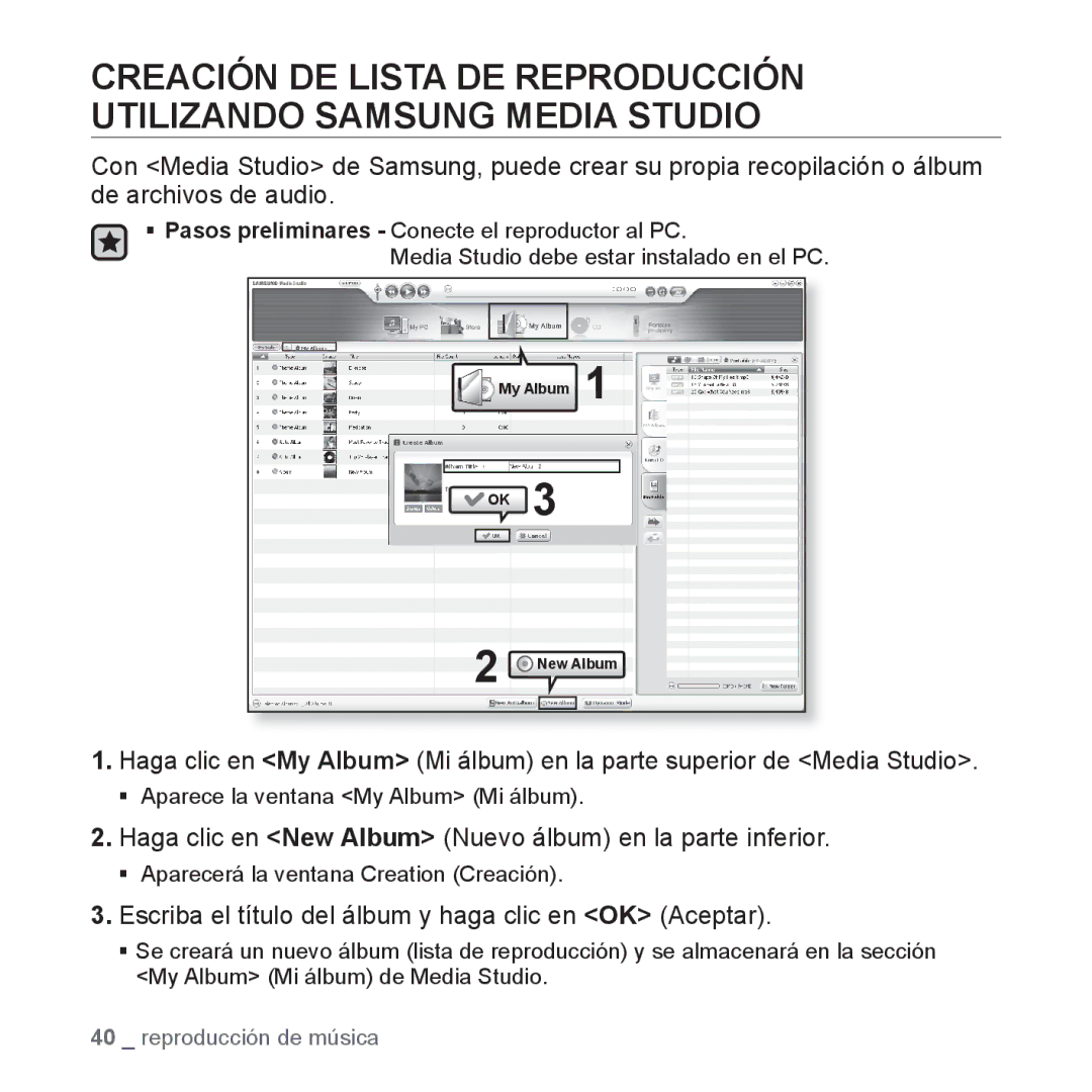 Samsung YP-U3JAB/XEO, YP-U3ZB/XET, YP-U3JQL/XET, YP-U3JZP/XET manual Haga clic en New Album Nuevo álbum en la parte inferior 