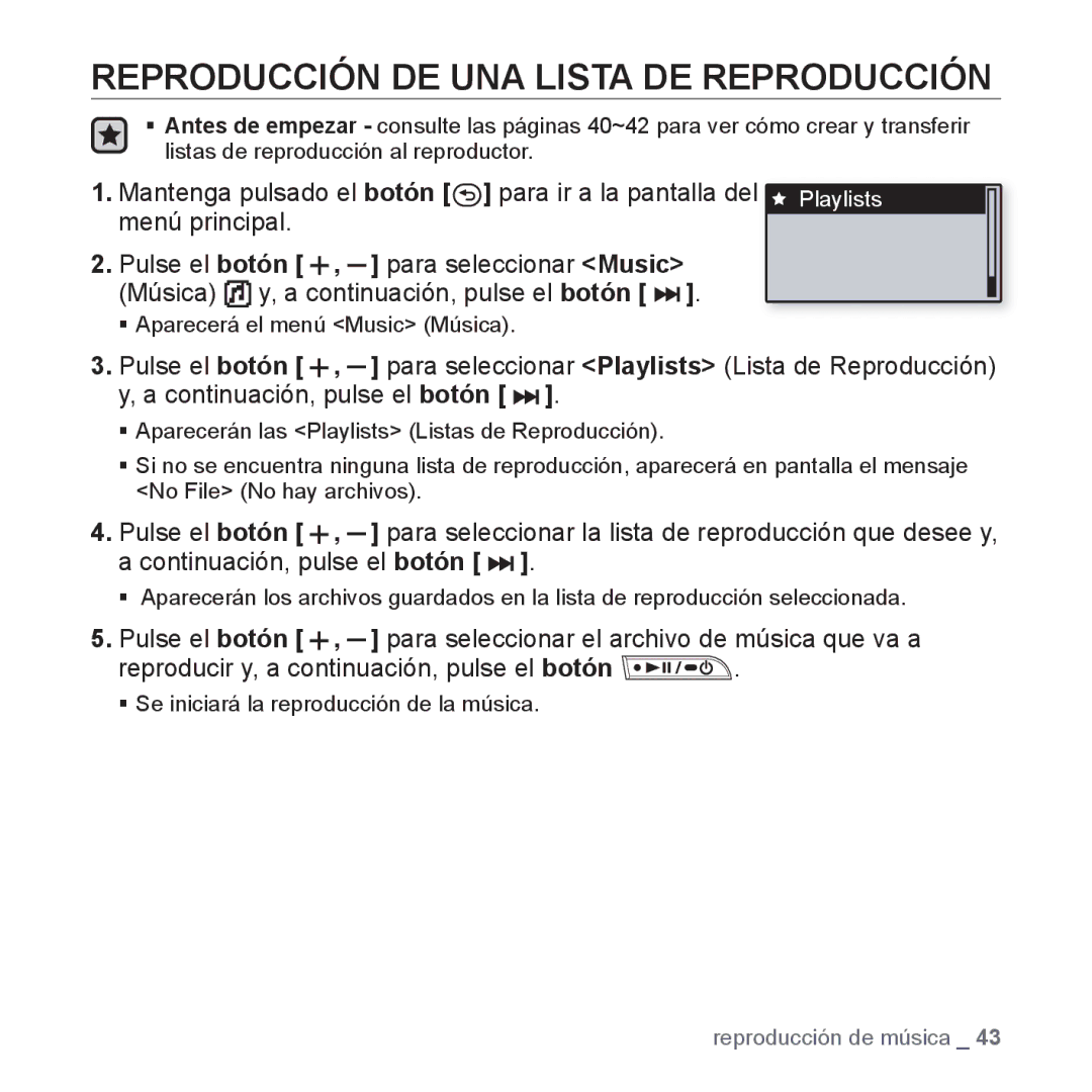 Samsung YP-U3JQG/XEO, YP-U3ZB/XET, YP-U3JQL/XET, YP-U3JZP/XET, YP-U3JQW/XET manual Reproducción DE UNA Lista DE Reproducción 