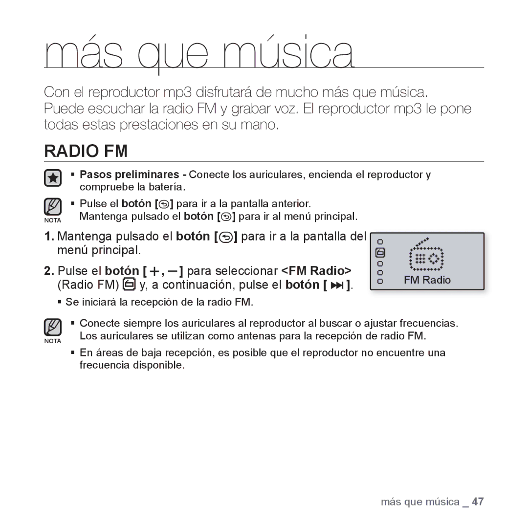 Samsung YP-U3JQB/XEO, YP-U3ZB/XET, YP-U3JQL/XET, YP-U3JZP/XET, YP-U3JQW/XET Radio FM y, a continuación, pulse el botón 