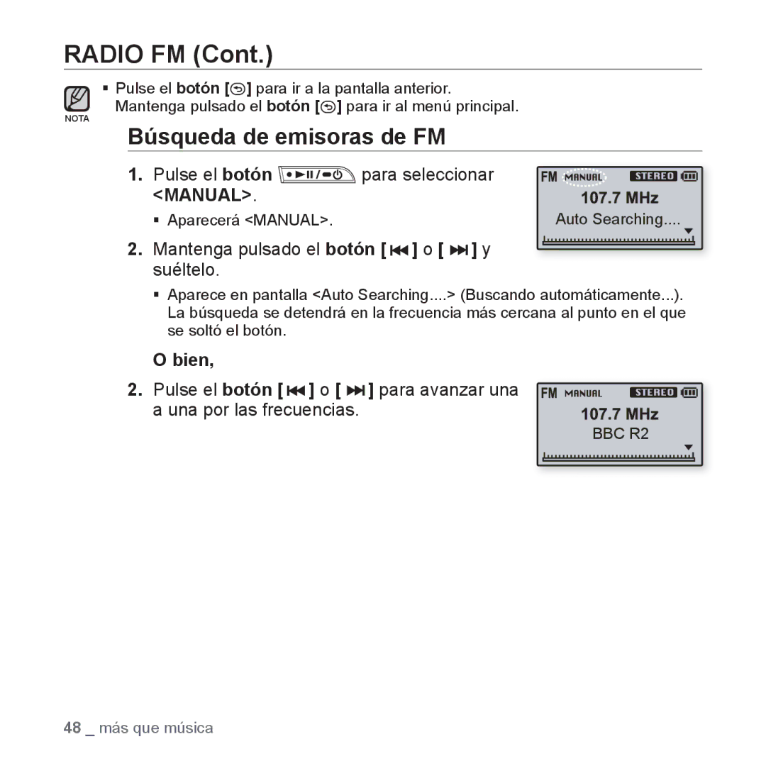 Samsung YP-U3ZB/XET, YP-U3JQL/XET, YP-U3JZP/XET Búsqueda de emisoras de FM, Mantenga pulsado el botón o y suéltelo, Bien 